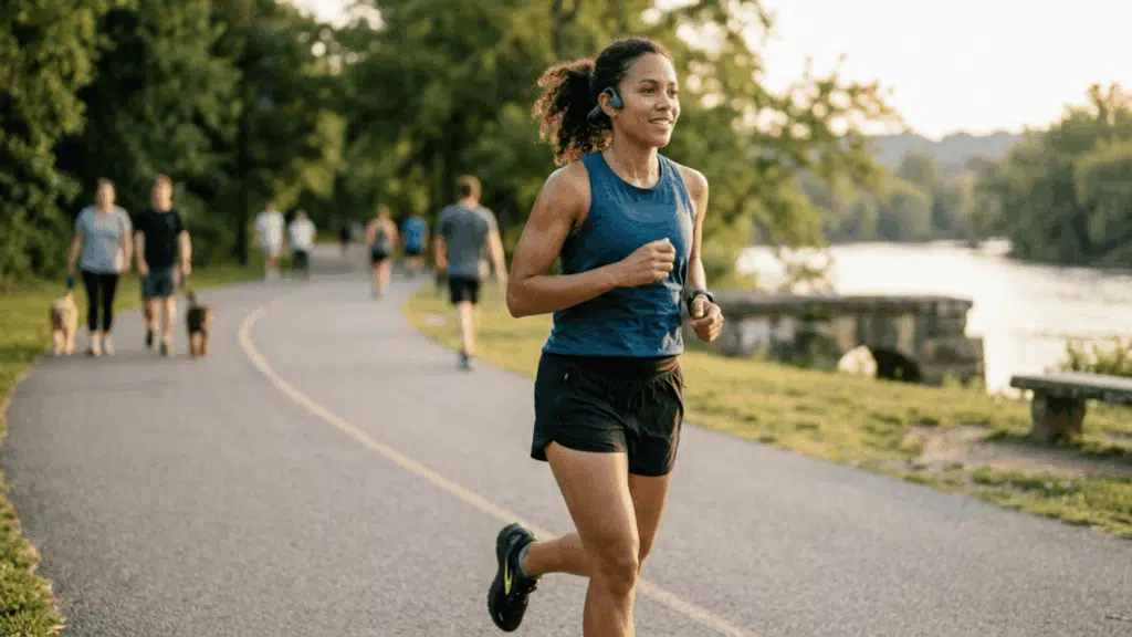 woman running outdoors wearing Shokz OpenMove headphones, showing real-world use for fitness and safe outdoor listening (1)