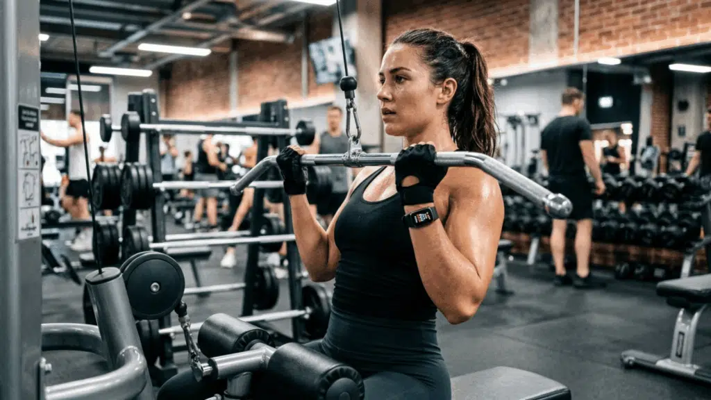 woman working out in gym using Fitbit Charge 6 while performing strength training with cable machine and monitoring fitness data