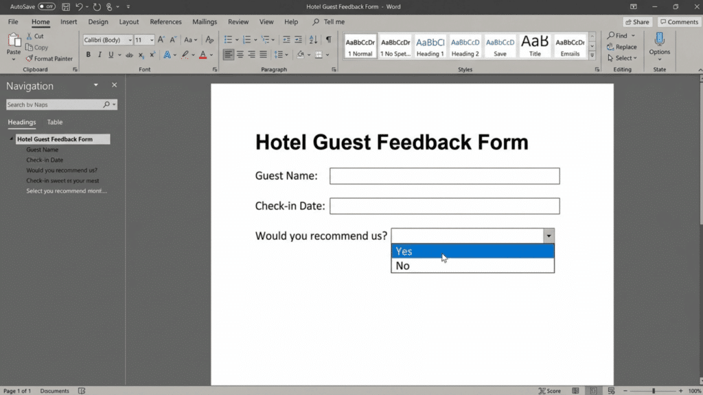 word document showing guest feedback form with dropdown menu expanded displaying yes and no choices