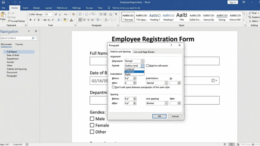 word document with paragraph settings dialog open showing alignment and spacing options for form layout