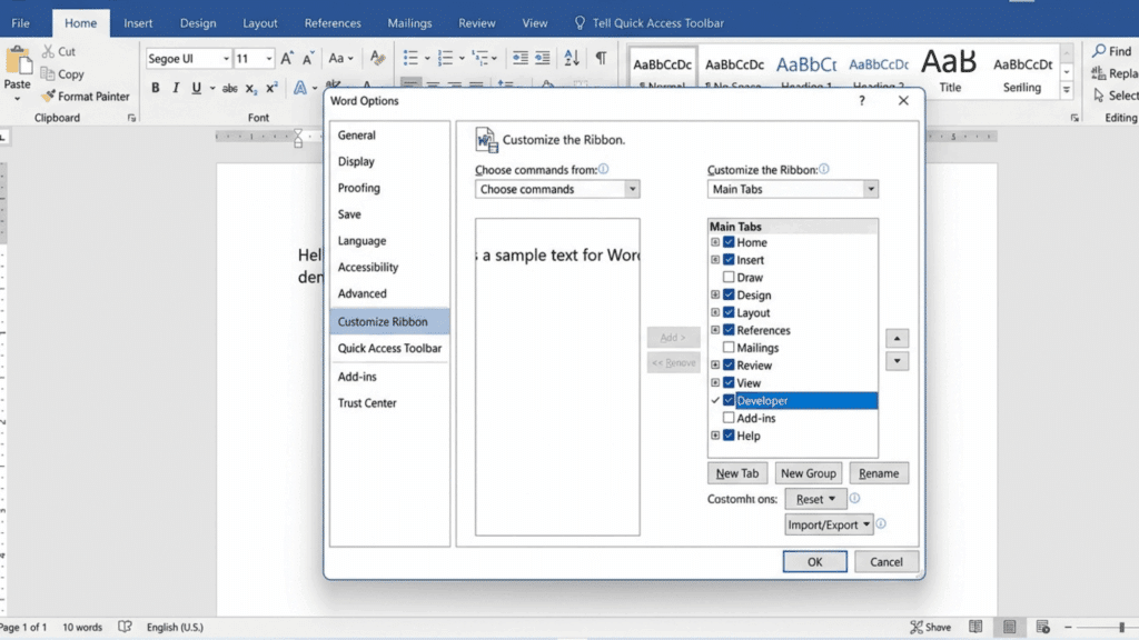 word options window open with customize ribbon panel and developer tab enabled in microsoft word settings