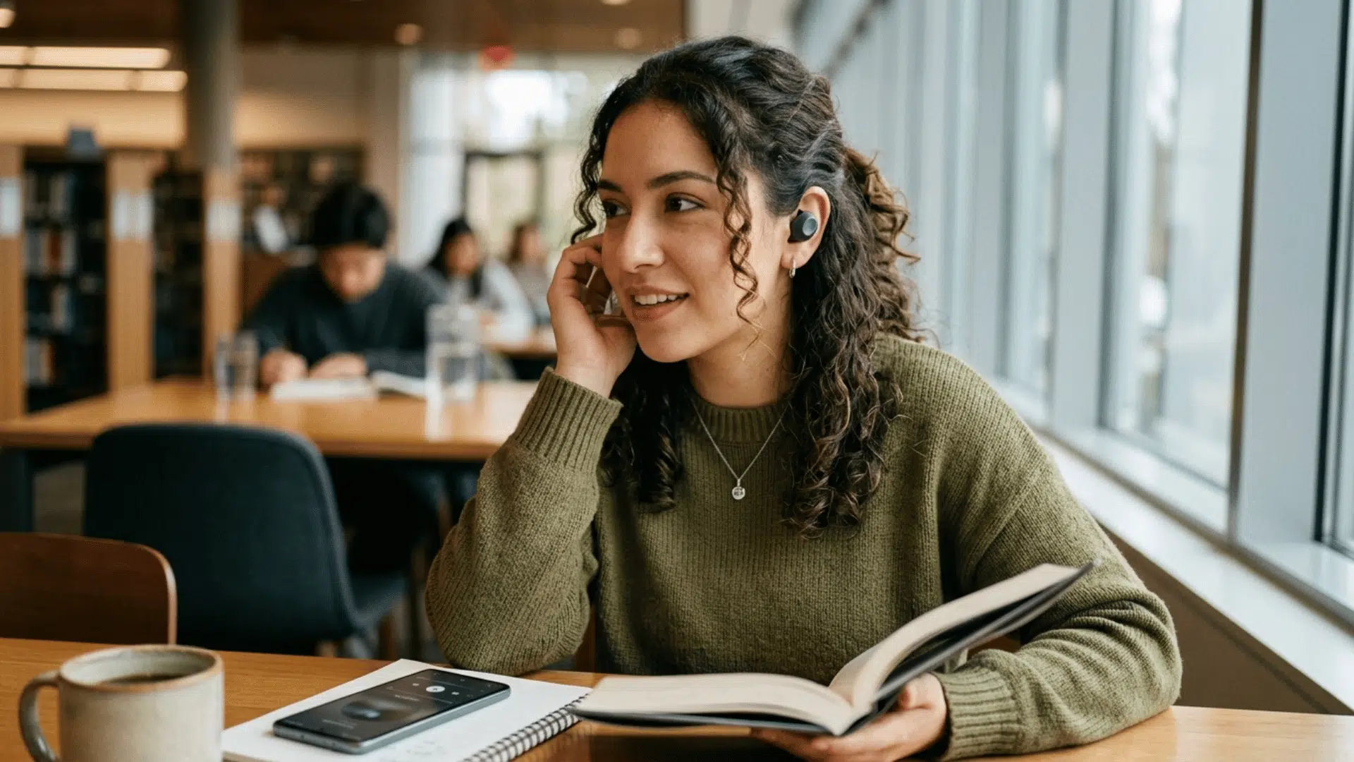 wqoman wearing Samsung Galaxy Buds FE while reading in a cafe, showing real-world use of wireless earbuds for music and calls.