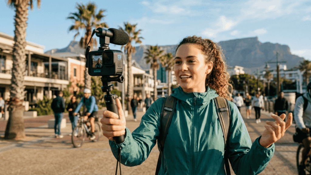 young woman vlogging with a GoPro on a handheld grip and mic, smiling on a sunny promenade with palm trees behind (1)