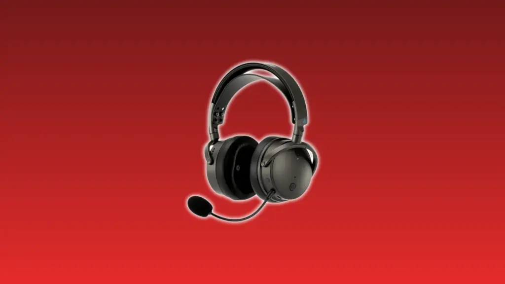 Audeze Maxwell wireless gaming headset with over-ear cups, adjustable headband, and detachable boom microphone on a red gradient background