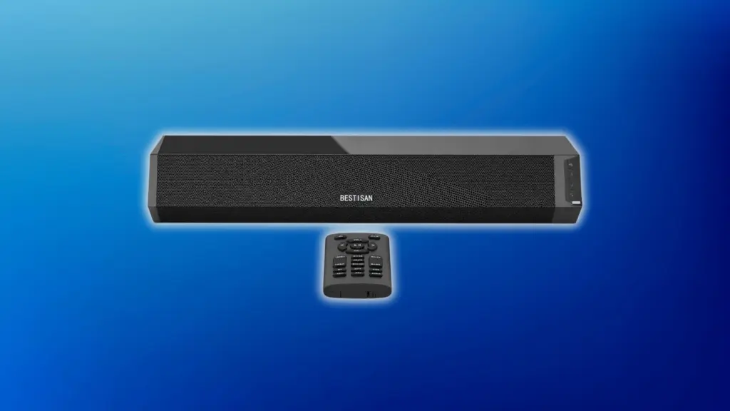 Black BESTISAN soundbar with a perforated front grille and side controls, shown with a remote placed below on a light blue background.