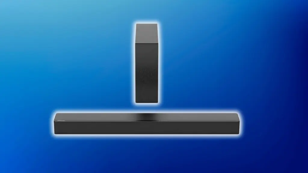 Black soundbar and matching subwoofer centered on a light blue background, shown in a clean front-facing product display.