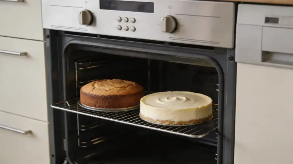 Cake and cheesecake baking with smooth surfaces in an oven