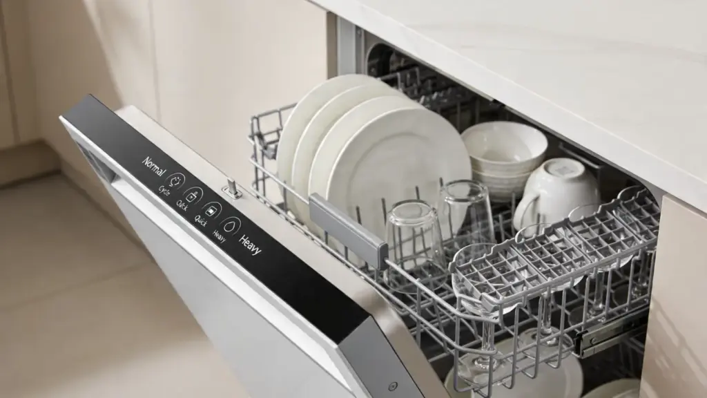 Dishwasher control panel with loaded racks of dishes inside