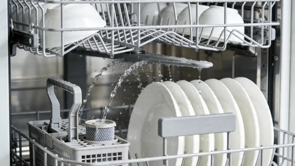 Dishwasher interior with water spraying and circulating over dishes