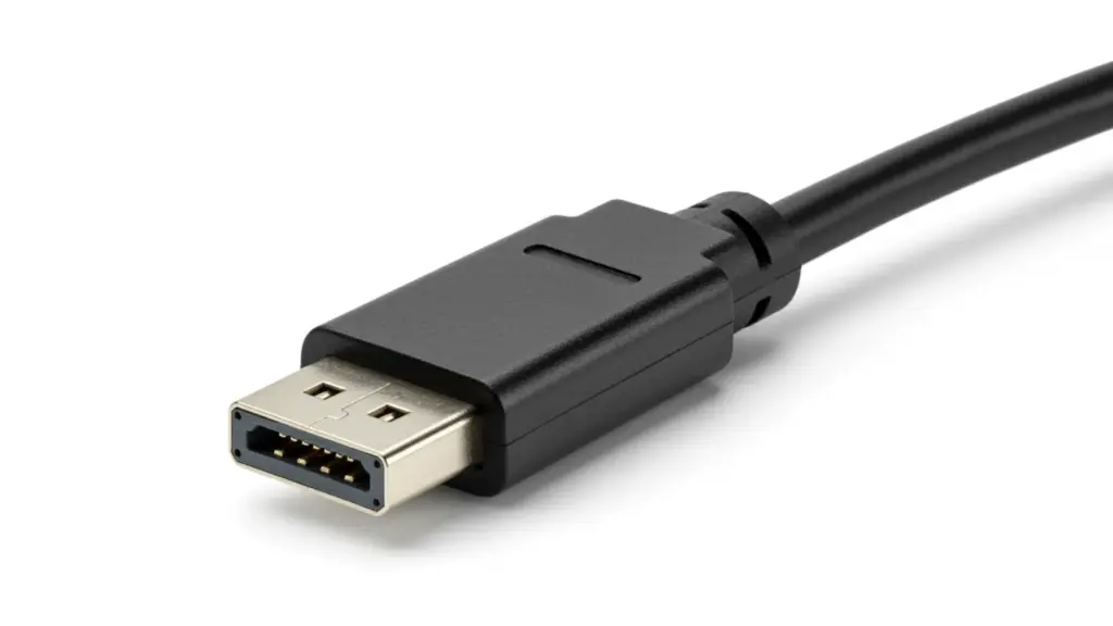 DisplayPort cable connector shown close up with metal tip and black casing