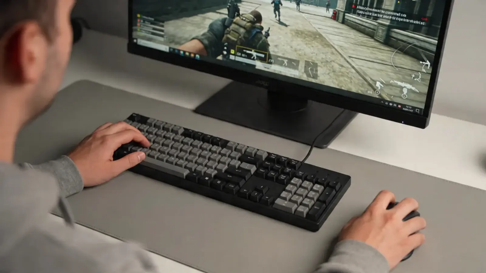 Gaming setup with monitor, keyboard, and mouse during gameplay