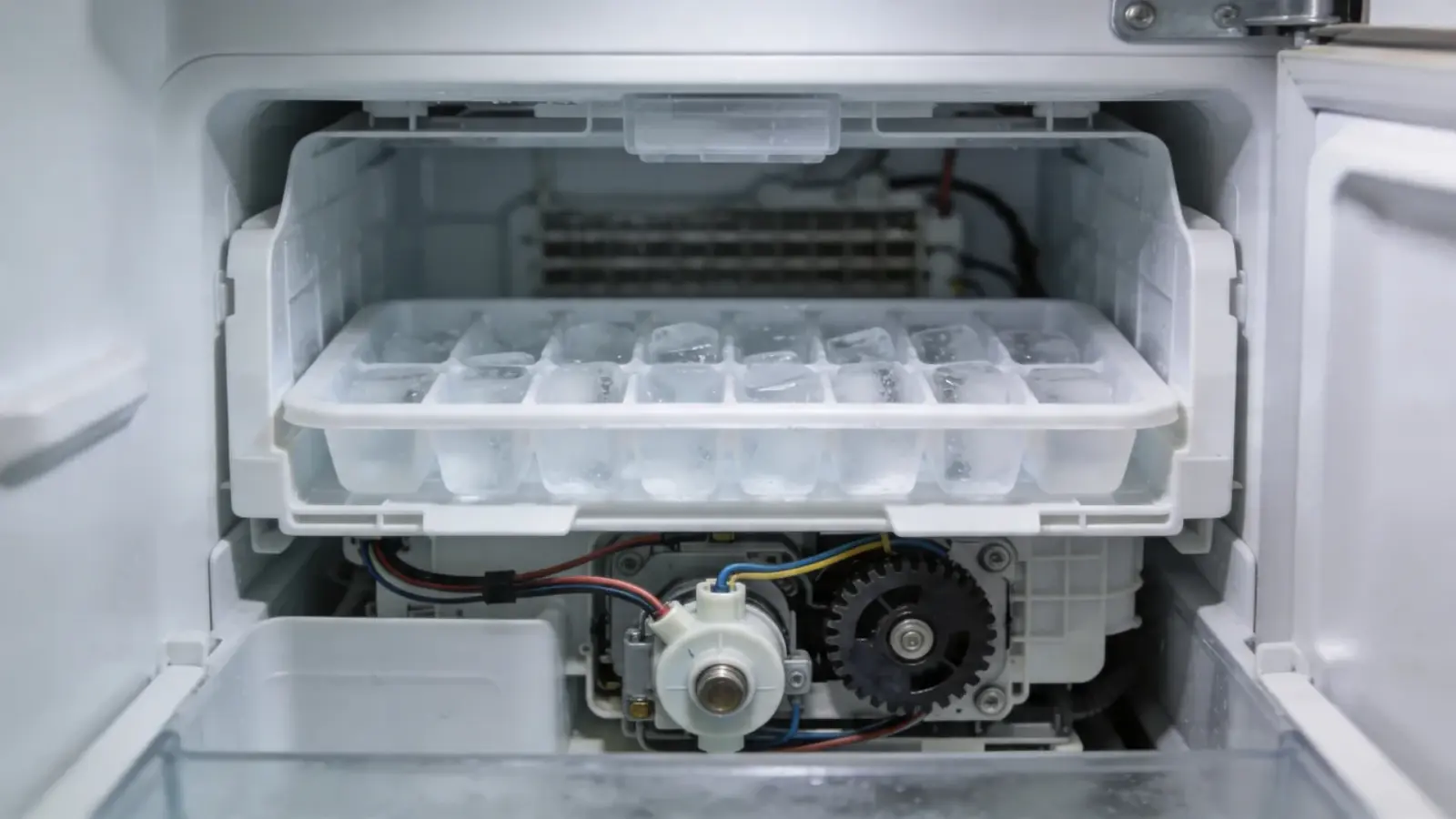 Ice maker compartment in freezer with empty tray and visible mechanism