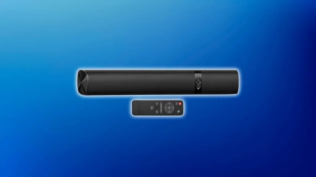 Long cylindrical black soundbar with a textured mesh body and side control dial, shown with a matching remote on a light blue background.