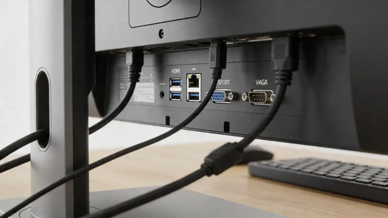Monitor back panel with HDMI, DisplayPort, and VGA cables connected