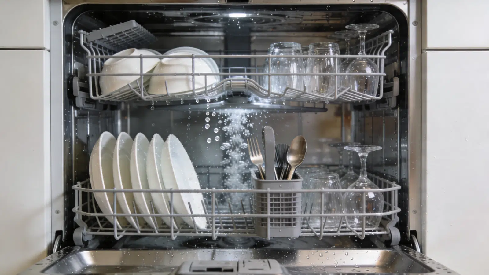 Open dishwasher with racks of dishes and visible spray arms inside