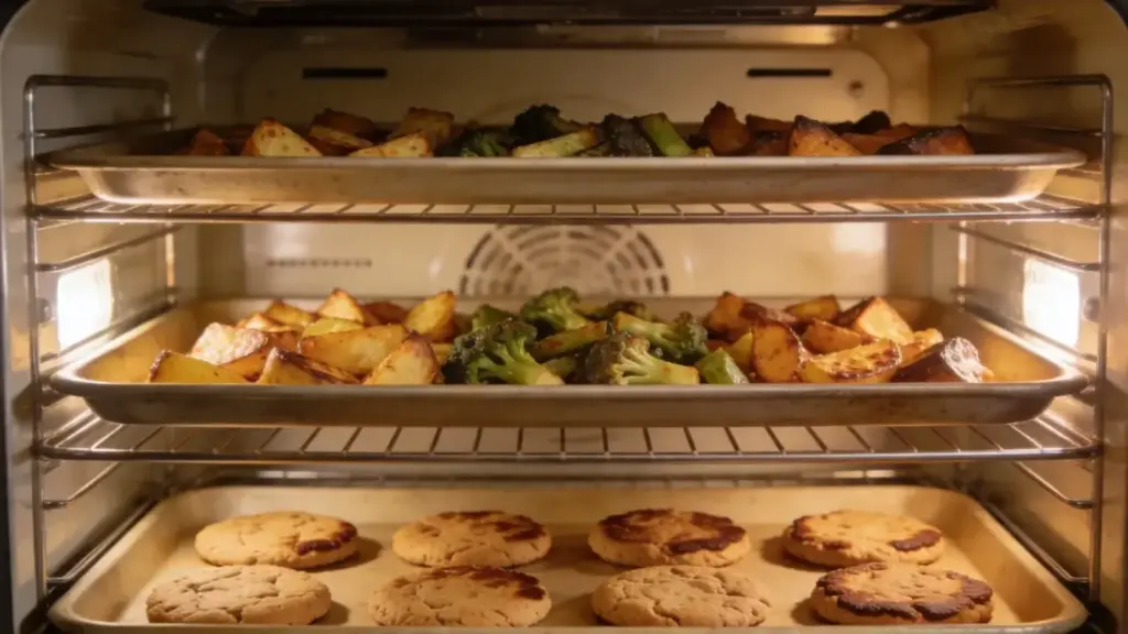 Oven with multiple trays of vegetables and cookies browned evenly