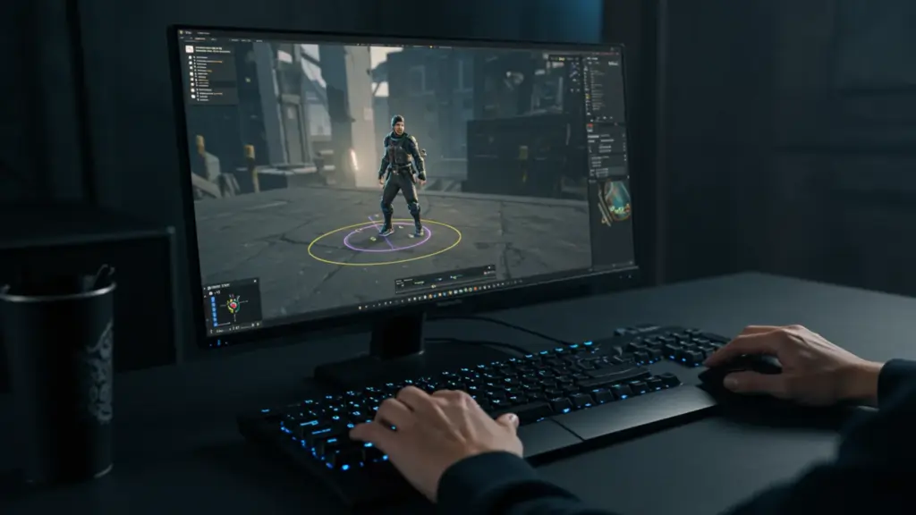 Player using keyboard and mouse while focusing on gameplay