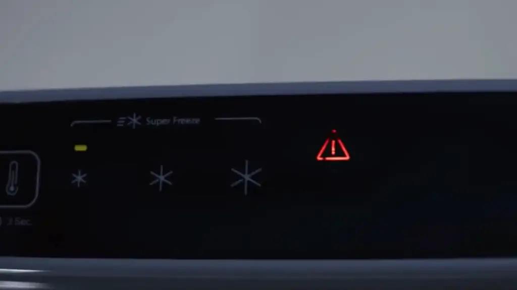 Refrigerator control panel with super freeze mode and warning indicator light turned on