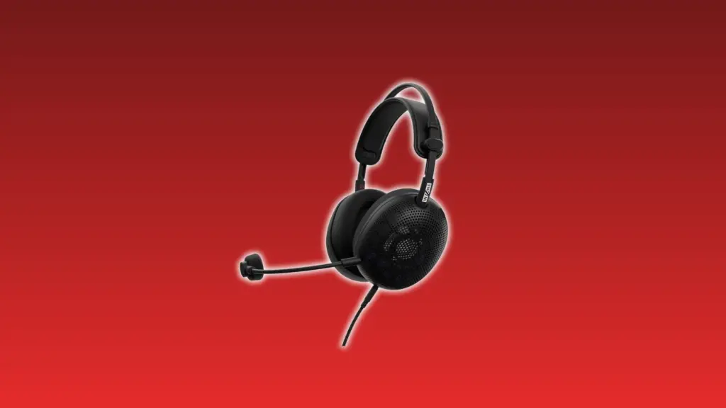 Sony Inzone H6 Air open-back gaming headset with mesh ear cups, adjustable headband, and boom microphone on a red gradient background