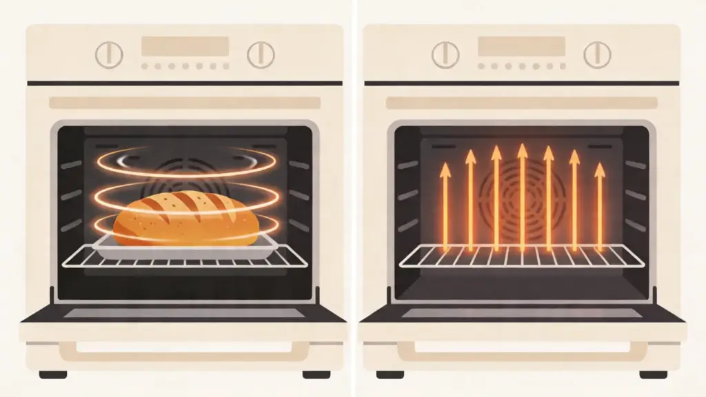 Split view of oven interiors showing moving air in one and still heat in the other (1)