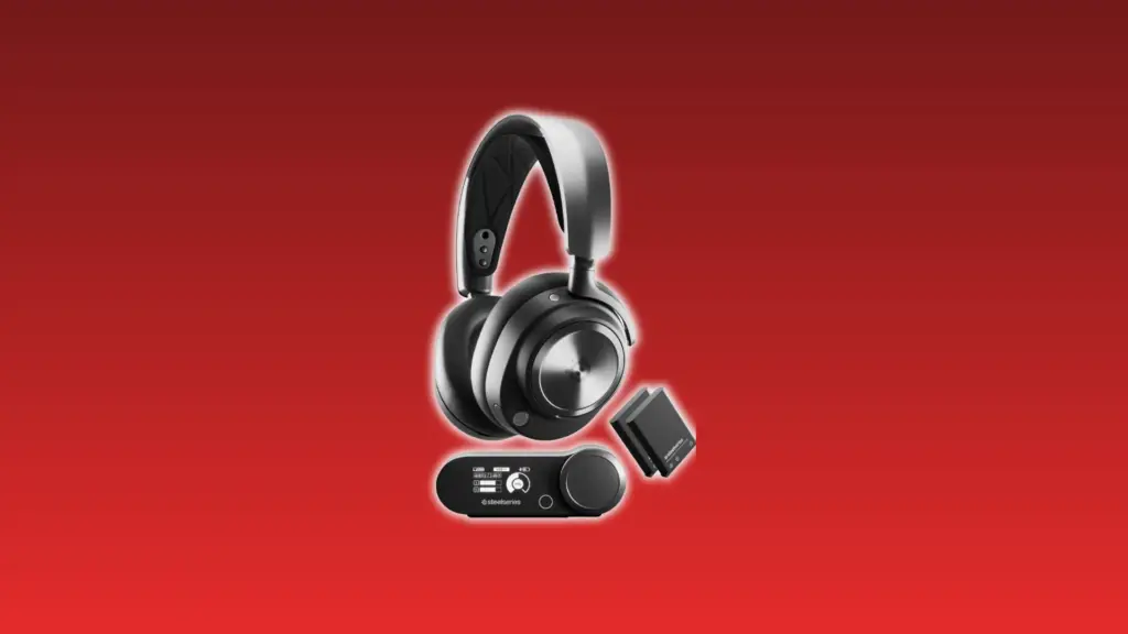 SteelSeries Arctis Nova Pro Wireless headset with adjustable headband, over-ear cups, base station, and battery pack on a red background