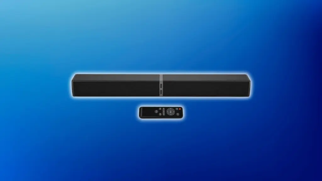 Straightened black soundbar with a central control panel and matching remote placed below, displayed on a light blue background.