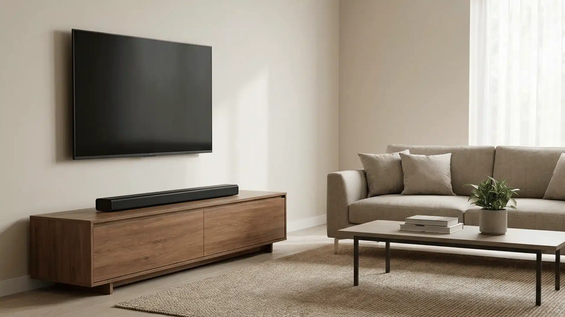 TV mounted on wall above a soundbar on a wooden console, with a sofa and coffee table in a living room