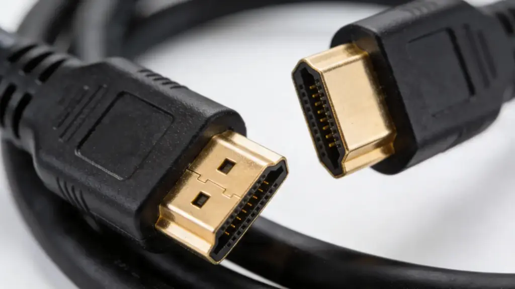 Two HDMI cable connectors shown close up with gold-plated ends