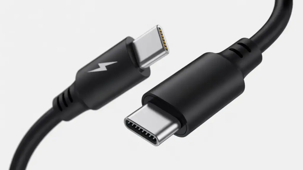 Two USB-C cable connectors with metal tips and black casing facing each other