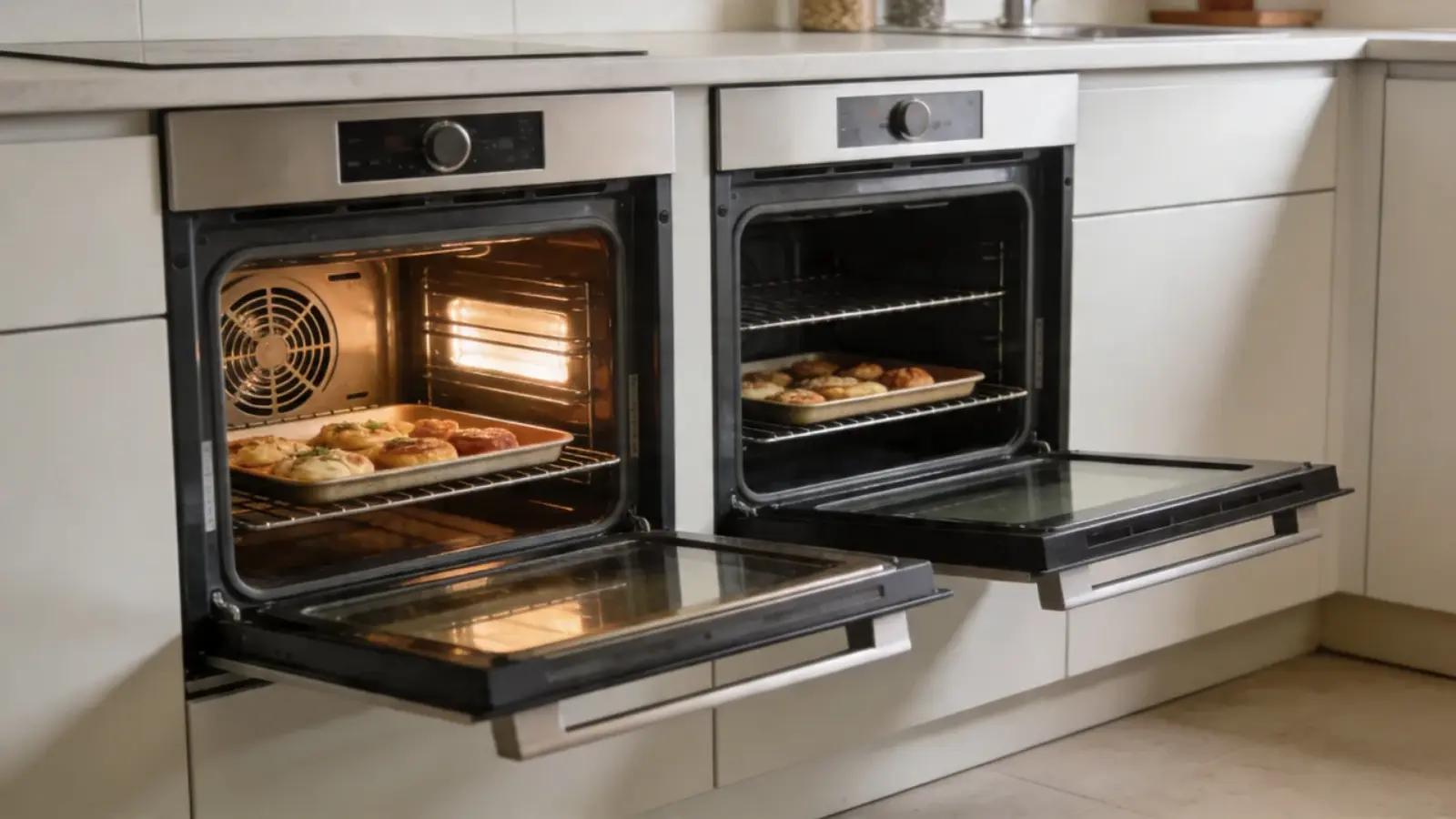 Two ovens side by side showing fan oven and standard oven interiors