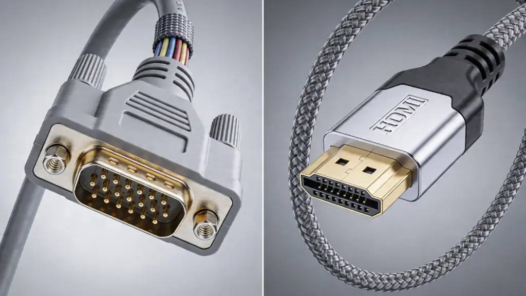 VGA cable and HDMI cable connected to monitor ports side by side