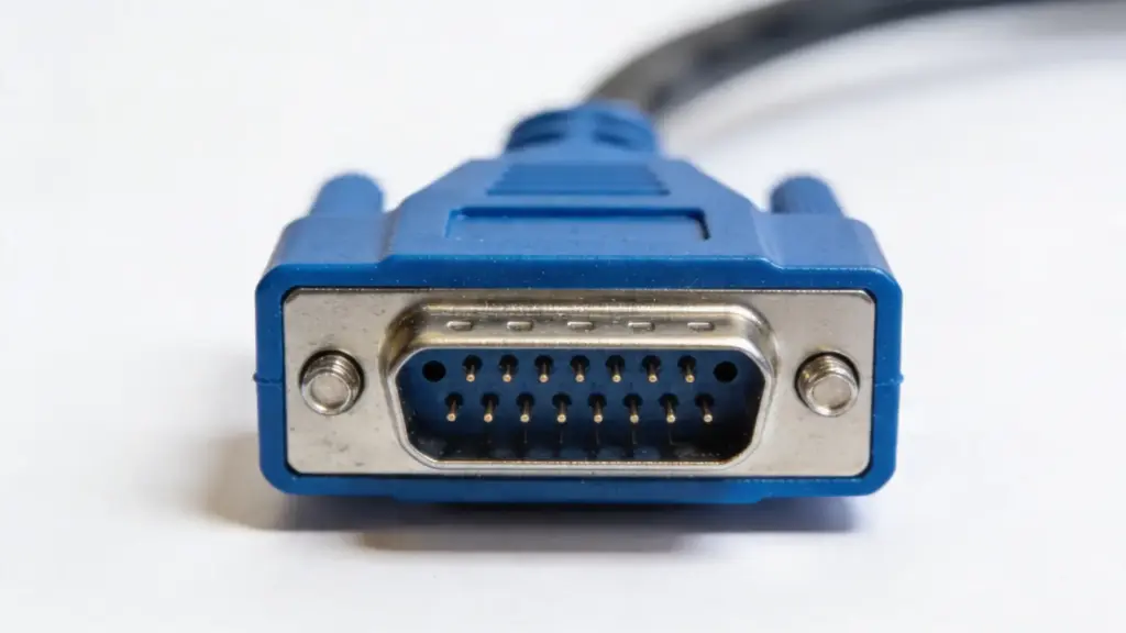 VGA cable connector with blue head and pin holes