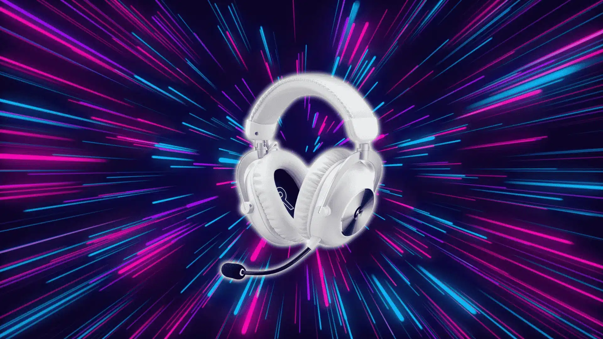 White over-ear gaming headset with mic centered on a neon purple and blue streak background.