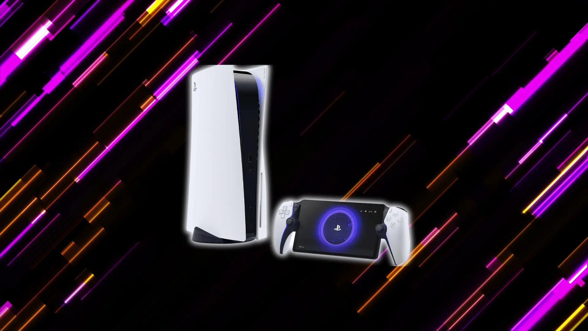 A PlayStation 5 console and PlayStation Portal displayed side by side, set against a vibrant, neon streaked background.