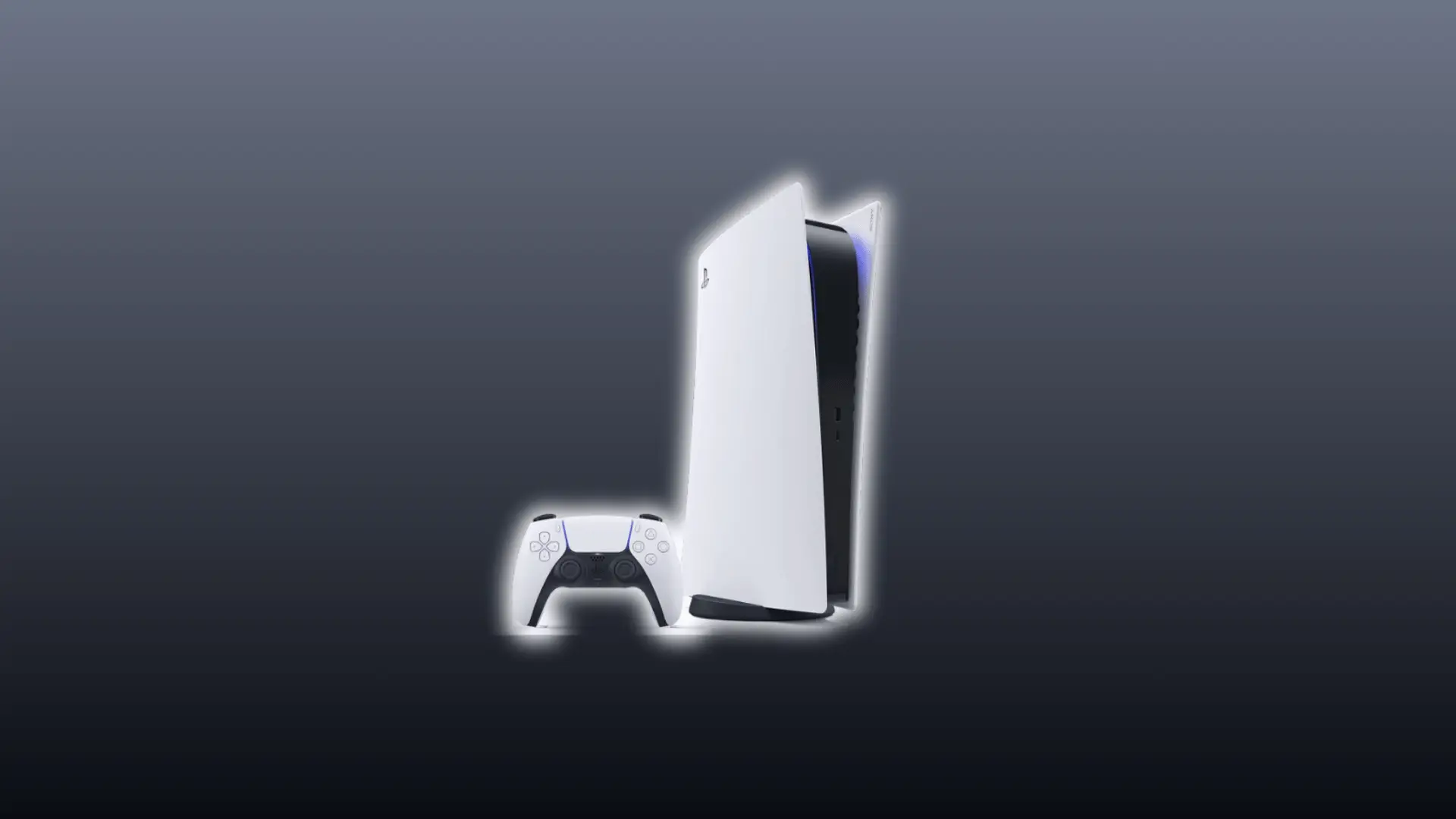 A PlayStation 5 console with a controller displayed against a dark gradient background.