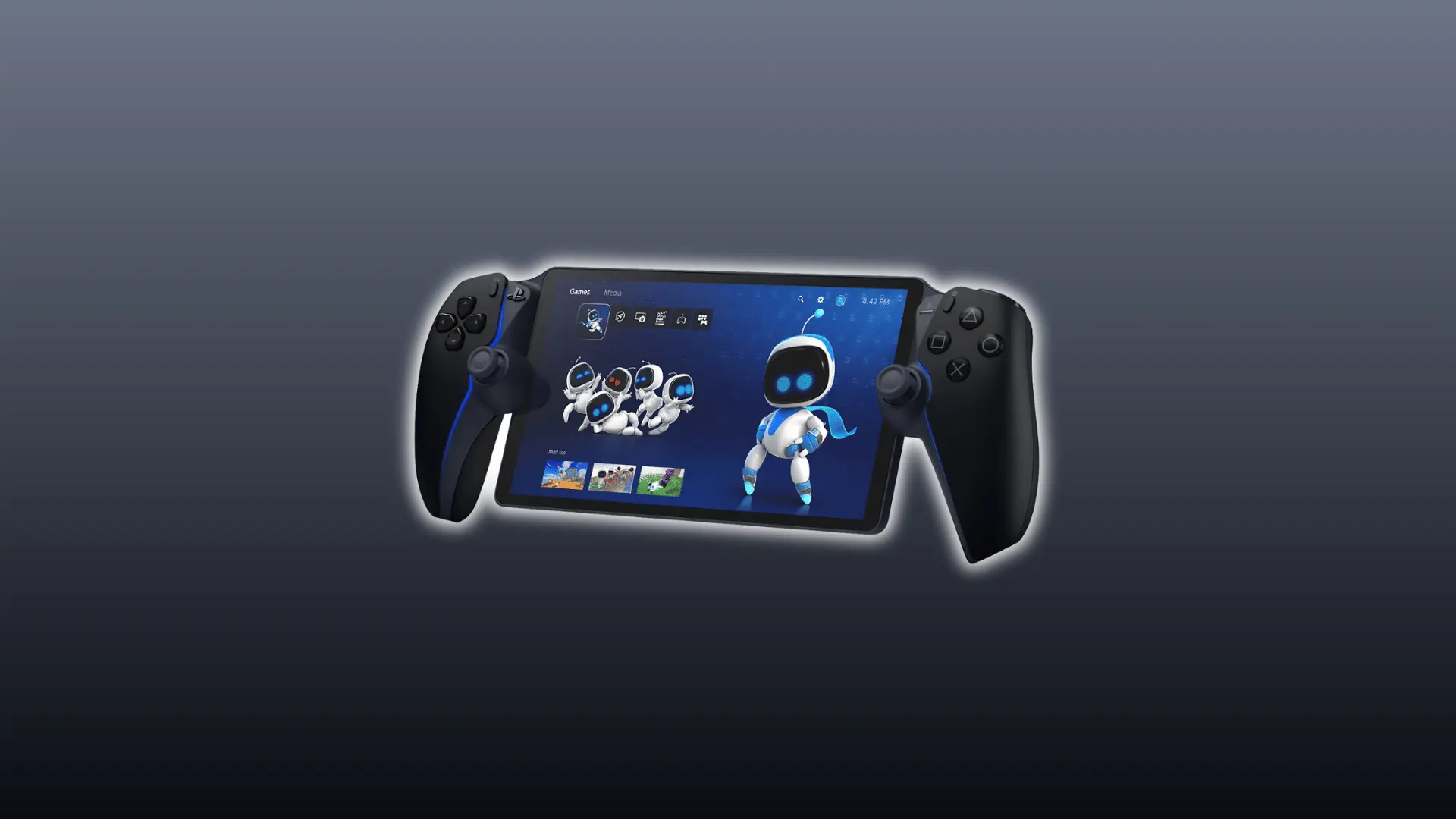 A PlayStation Portal showing a game interface with a character on the screen, held by the PlayStation controller's grips, set against a dark gradient background.