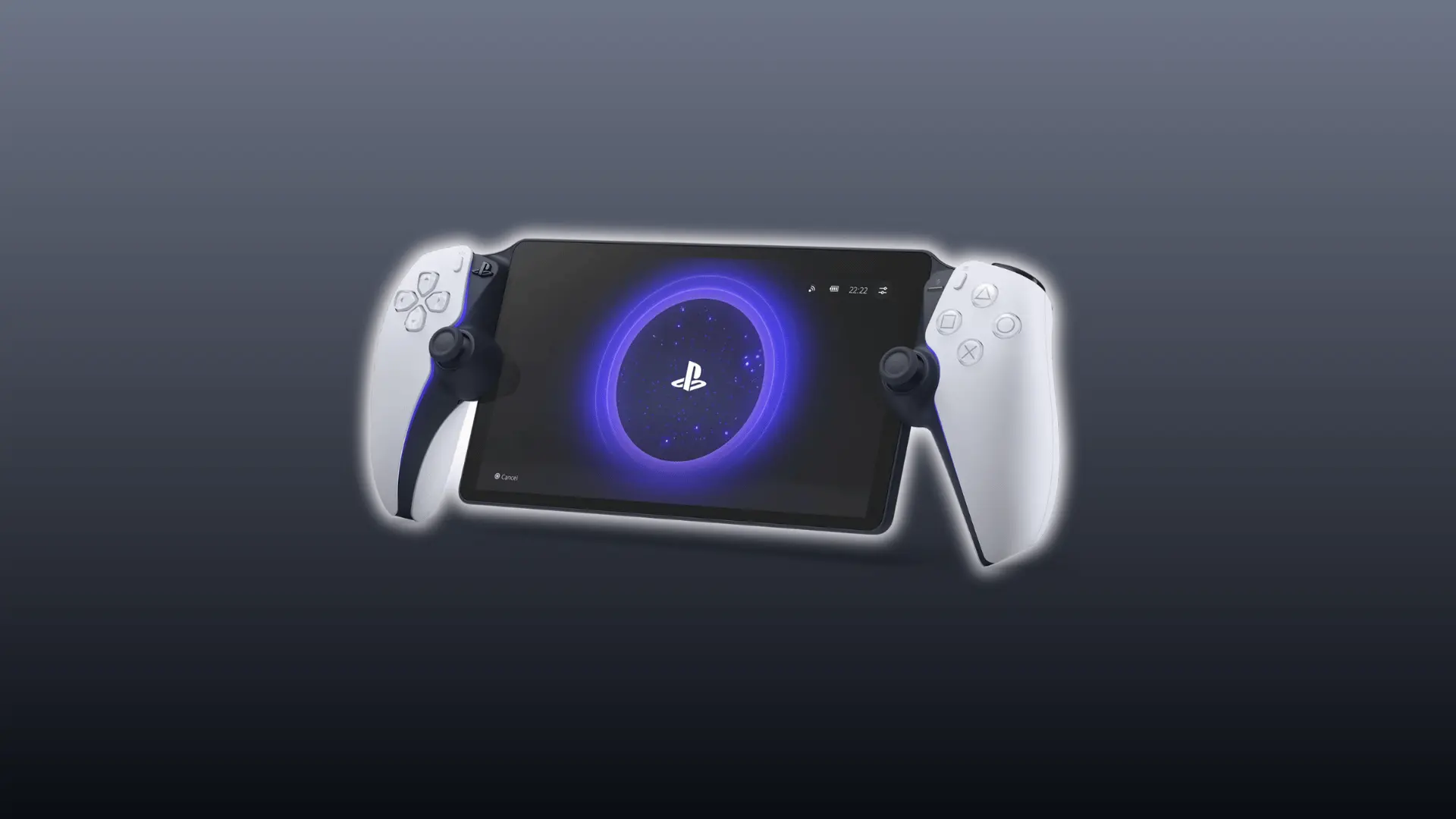 A PlayStation Portal with a screen , held by the PlayStation 5 controller's grips, set against a dark gradient background.