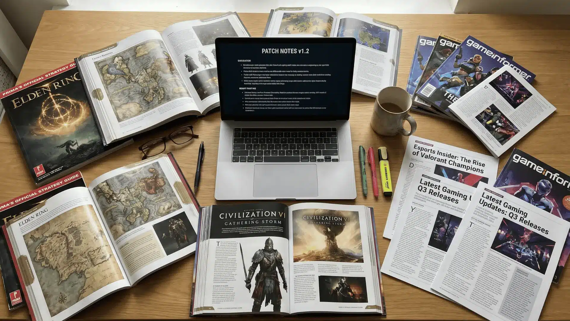 A top-down view of a desk with open strategy guides, gaming updates, esports coverage, and a laptop displaying patch notes