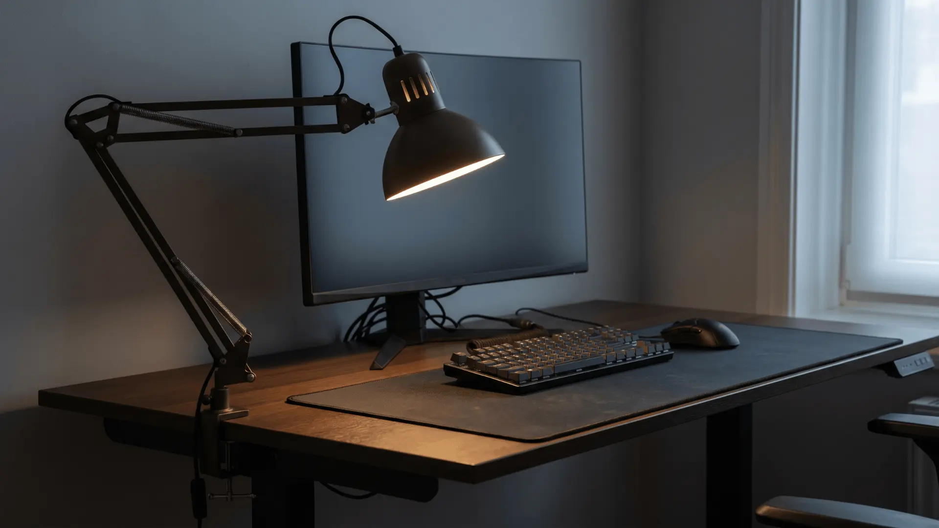 Adjustable desk lamp angled to light a keyboard without shining on the monitor