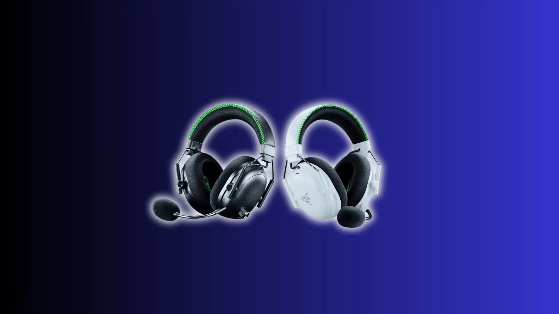 Black and white Razer BlackShark V3 Pro gaming headsets with microphones displayed side by side on a dark blue gradient background