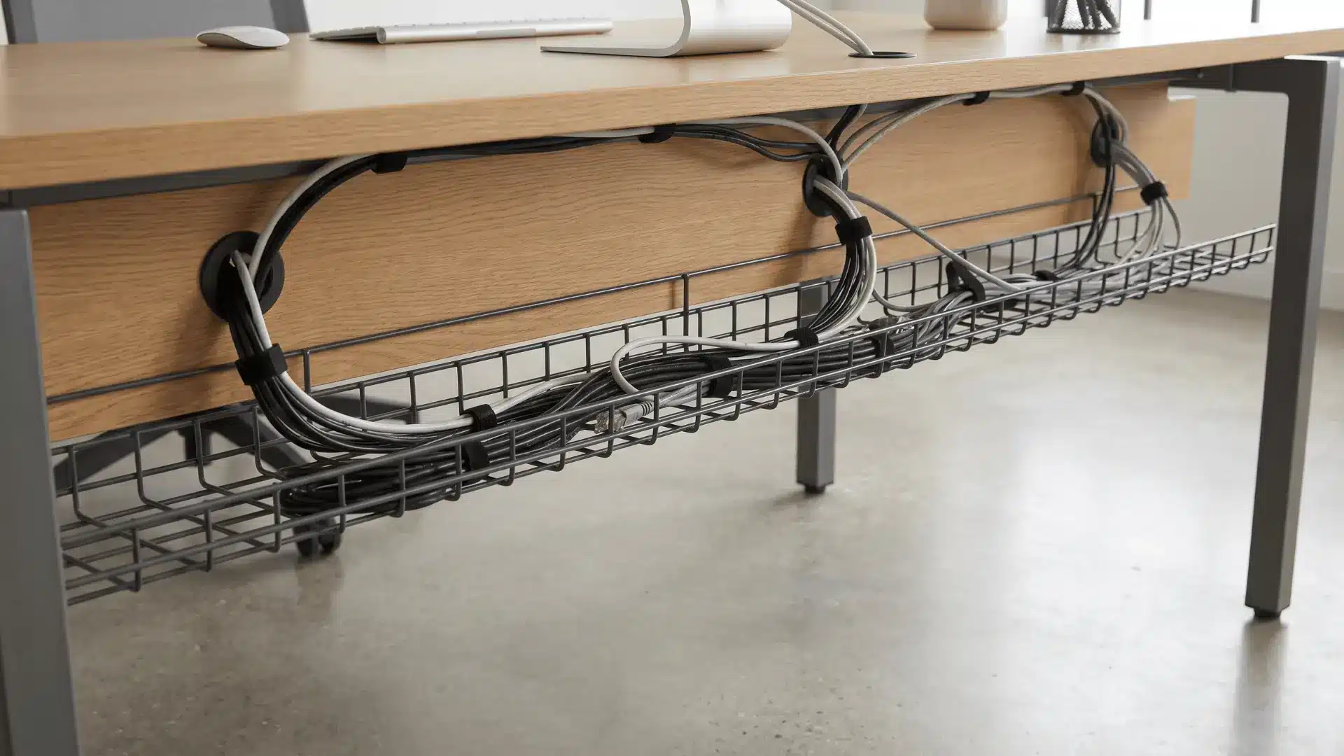 Cables organized inside a tray mounted under a desk surface