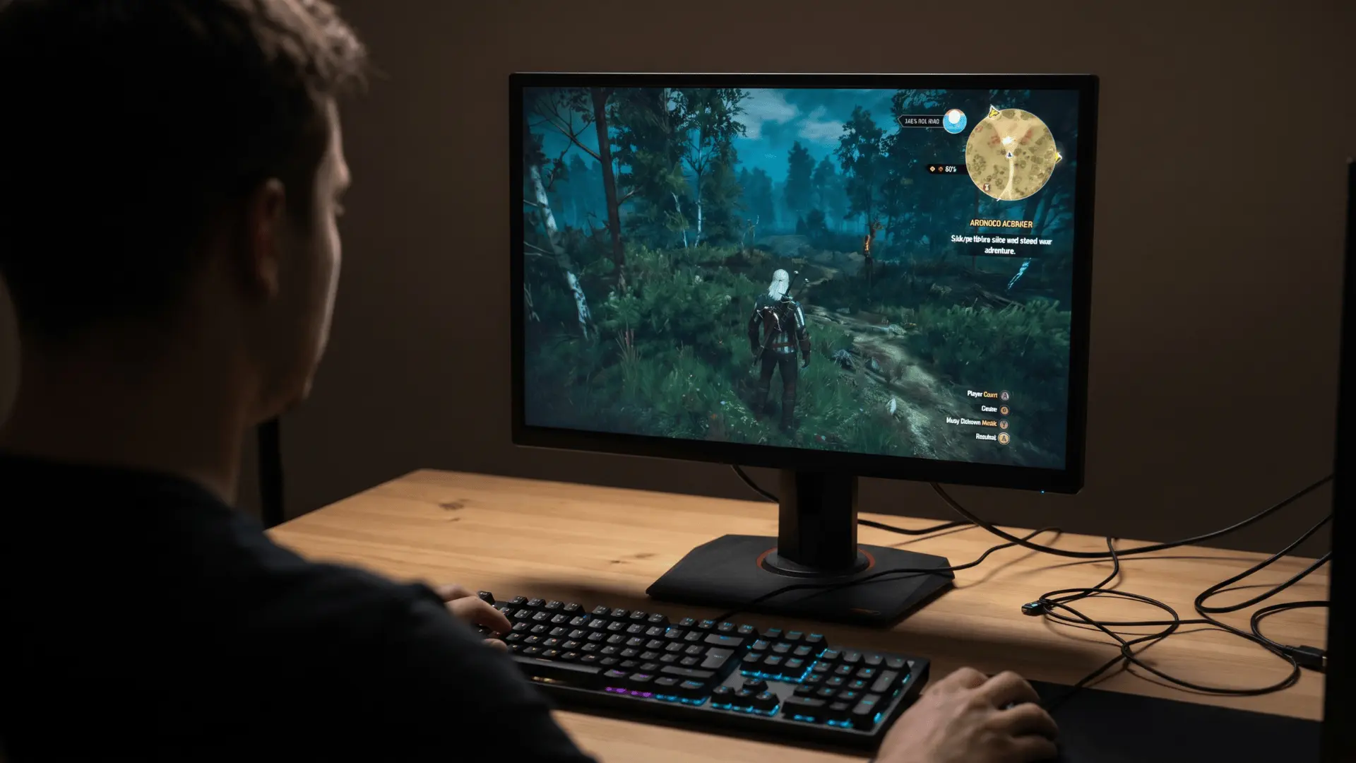 Computer monitor showing a live gameplay stream with player movement and minimap visible