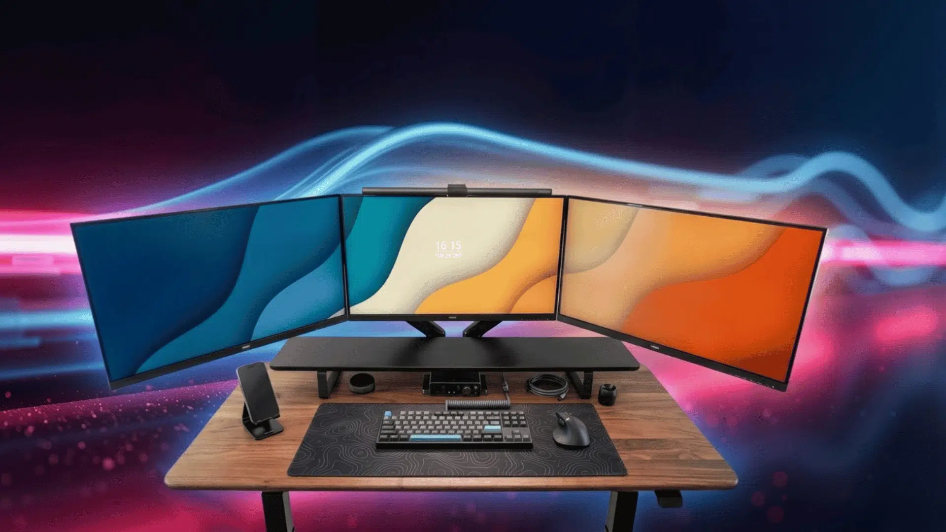 curved triple monitor setup on desk with extended display across three screens, showing a wide workspace for multitasking