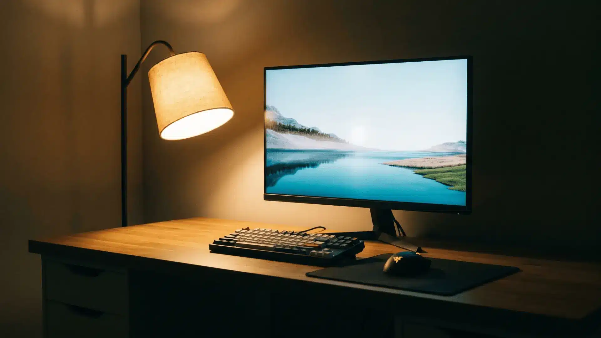Desk setup lit by a single lamp providing soft light without screen glare