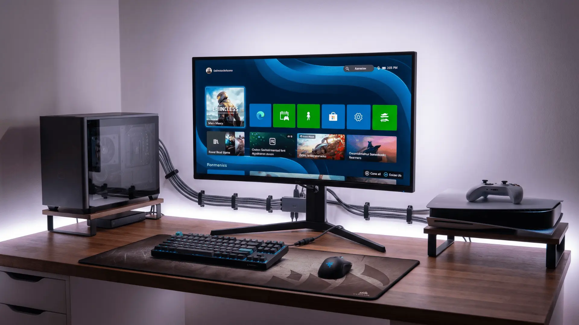 Desk setup with a PC and console connected to a single monitor with organized cables