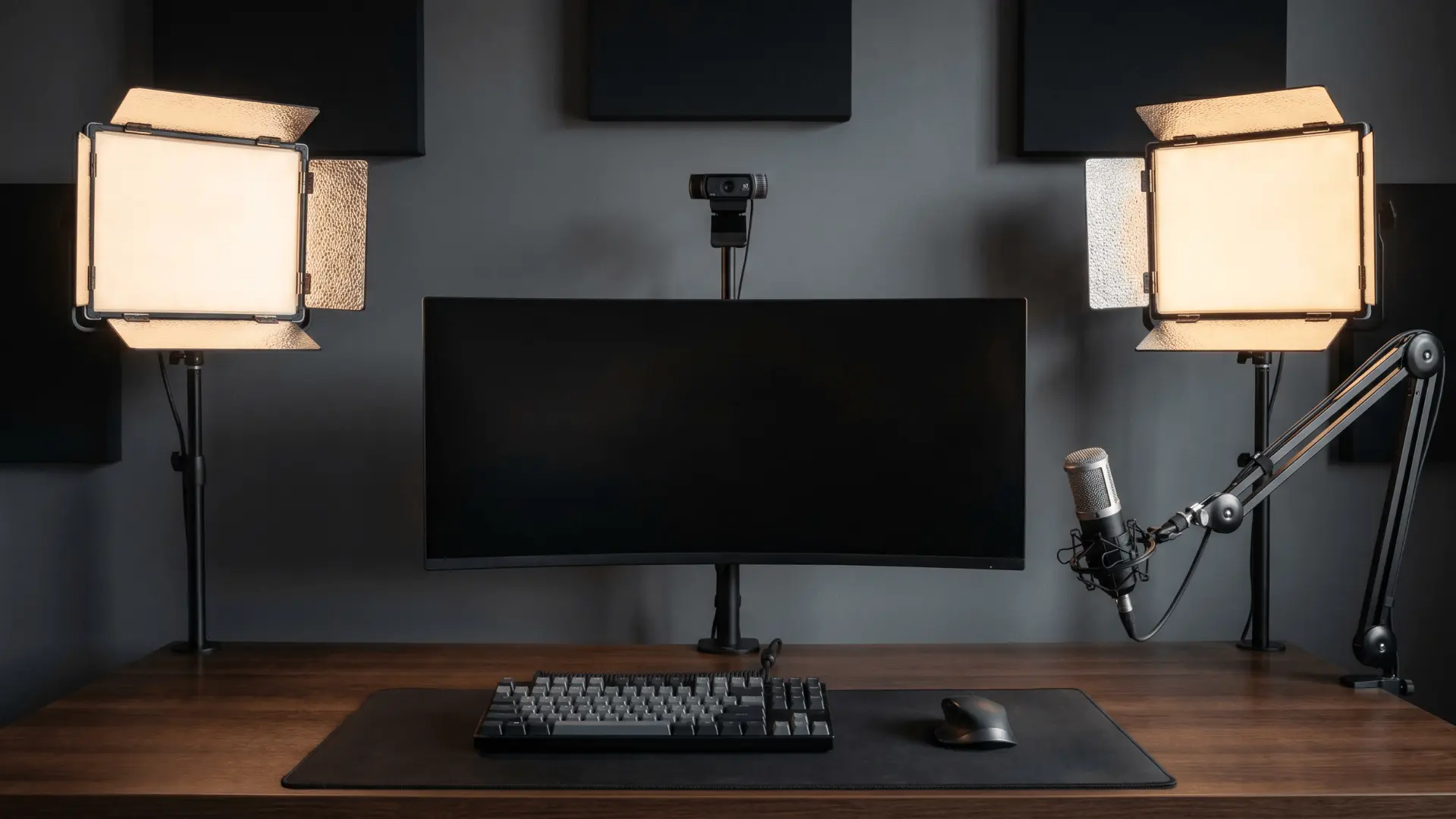Desk setup with camera, microphone, and lights arranged for streaming with a clean background