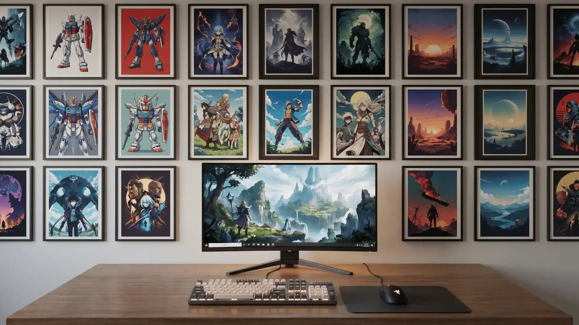 Desk setup with neatly arranged posters on the wall behind the monitor