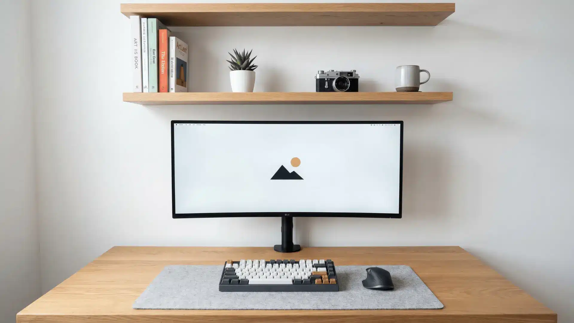 Desk setup with shelves mounted above holding neatly arranged items