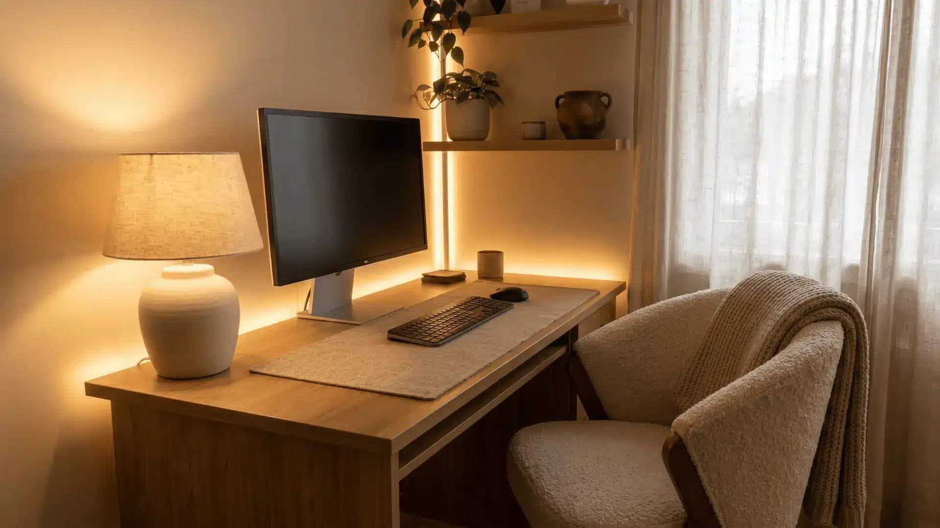 Desk setup with warm lighting and soft fabric elements around the workspace
