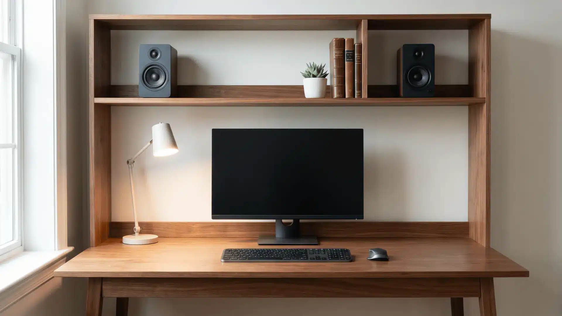 Desk with built-in shelf holding items above a monitor on a clean workspace